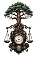 harley knuckleheads engine, tree of life, libra scales, time intertwined tattoo design idea