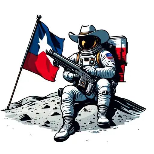 astronaut cowboy sitting on the moon holding a big space gun while holding a texas flag tattoo design idea