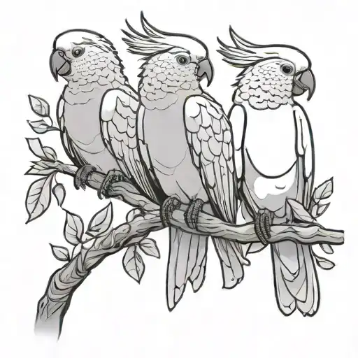 3 outline cockatoos sitting on a branch tattoo design idea