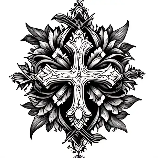 fine line ornamental tattoo with cross tattoo design idea