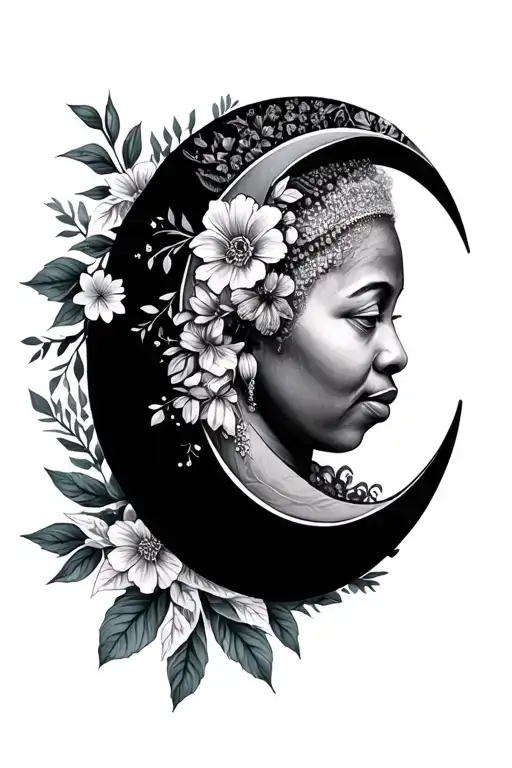 crescent moon Mandela with floral elements using birth flowers for May April November and January  tattoo design idea