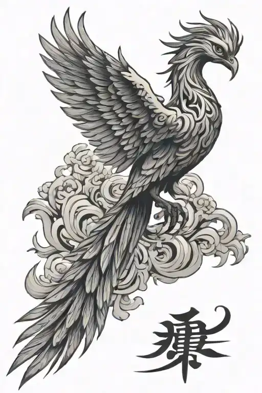 phoenix with Japanese kanji for kaizen tattoo design idea