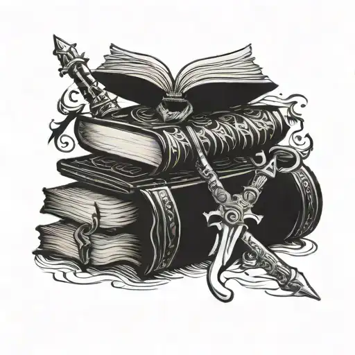 small book stack with flying dragon and sword and crown and werewolf head  and wand  tattoo design idea