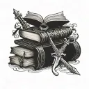 small book stack with flying dragon and sword and crown and werewolf head  and wand  tattoo design idea