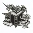 small book stack with flying dragon and sword and crown and werewolf head  and wand  tattoo design idea