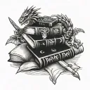 small book stack with flying dragon and sword and crown and werewolf head  and wand  tattoo design idea