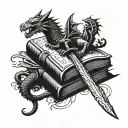 small book stack with flying dragon and sword and crown and werewolf head  and wand  tattoo design idea
