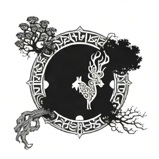 A tree of life intertwined with a Capricorn Aquarius hybrid symbol,smoke, gas masks, king and queen crown tattoo design idea