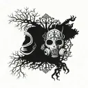 A tree of life intertwined with a Capricorn Aquarius hybrid symbol,smoke, gas masks, king and queen crown tattoo design idea