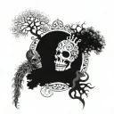 A tree of life intertwined with a Capricorn Aquarius hybrid symbol,smoke, gas masks, king and queen crown tattoo design idea