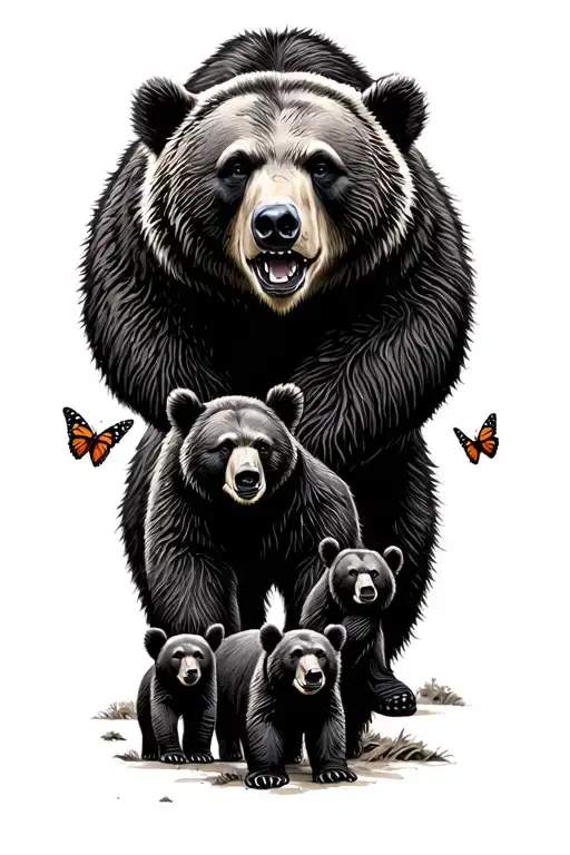 Papa bear and 3 black bear cubs and 2 monarch butterfly walking in the wilderness trees tattoo design idea