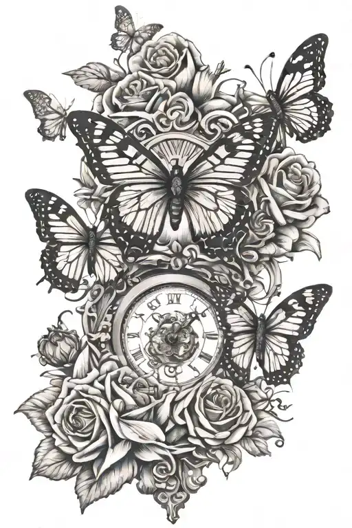 lilies hour glass brain vs heart with butterfly flying roses tiger and coi tattoo design idea