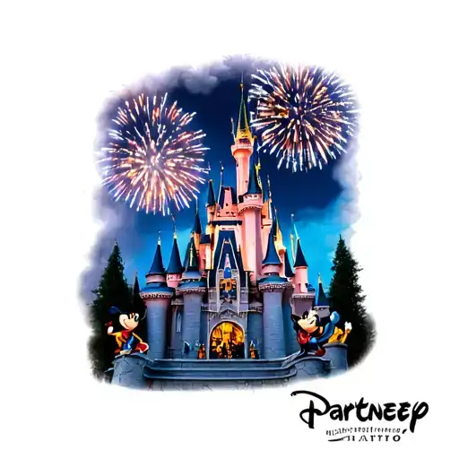 Sleeping beauty castle at night with fireworks in the sky and the walt disney and mickey "partners" statue tattoo design idea