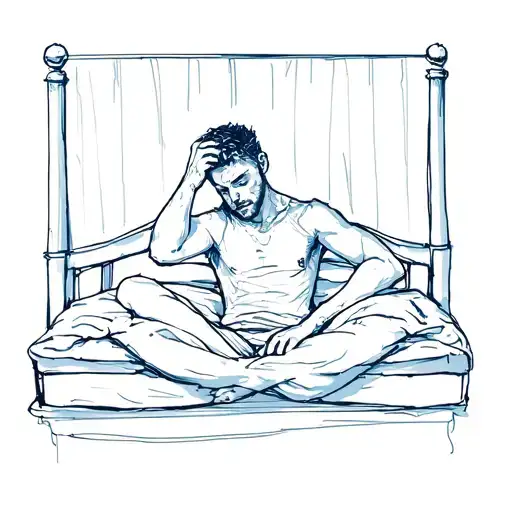 guy who overthinks inside with hands on his head sitting on its bed tattoo design idea
