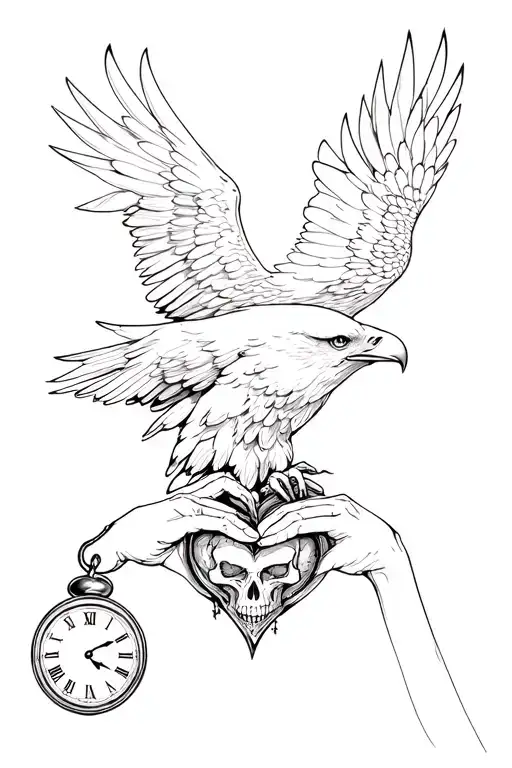 eagle, clock, skull and hand holding a heart tattoo design idea