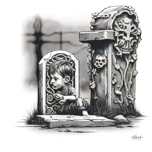 little boy in front of a grave tattoo design idea
