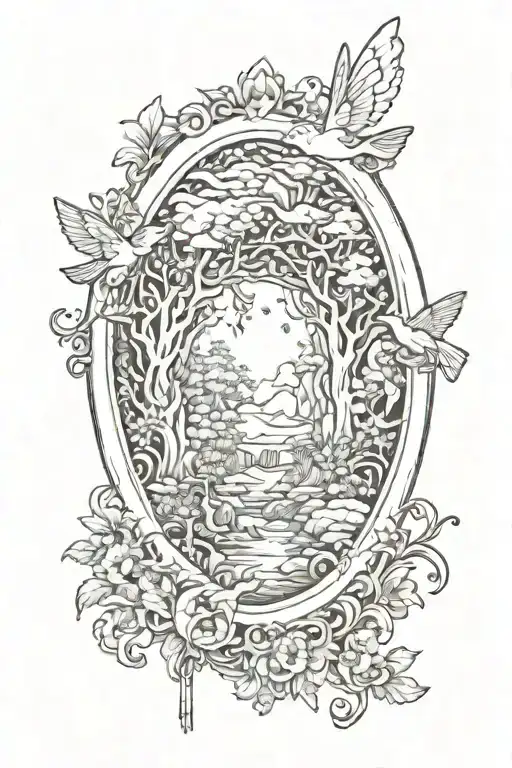 oval renaissance style gold frame with fairies flying, a forest, and waterfall inside tattoo design idea