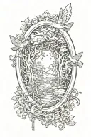 oval renaissance style gold frame with fairies flying, a forest, and waterfall inside tattoo design idea