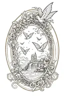 oval renaissance style gold frame with fairies flying, a forest, and waterfall inside tattoo design idea