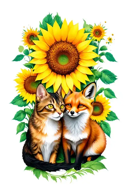cat and fox sitting under sunflower tattoo design idea