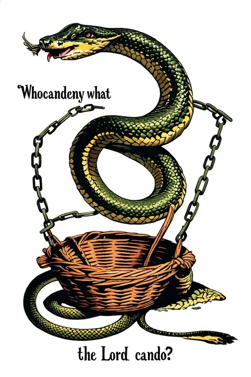 "WhocandenywhattheLordcando?" snake breaking free from chains with a snake charmer's basket below the snake  tattoo design idea