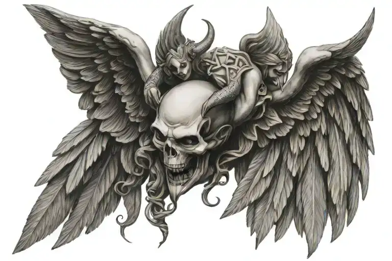Angel wings and devil horns tattoo design idea