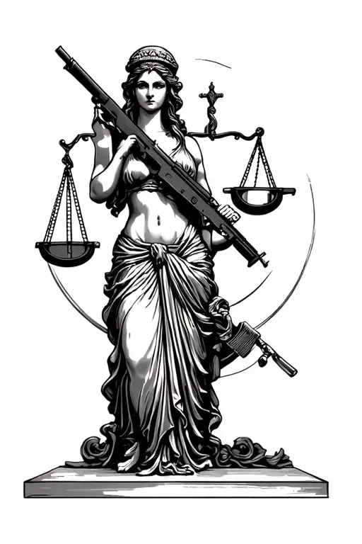 lady justice with ak 47 rifle tattoo design idea