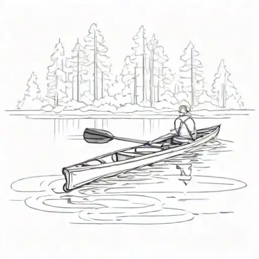 empty kayak, slightly angles towards bottom left, on a calm lake surrounded by trees tattoo design idea