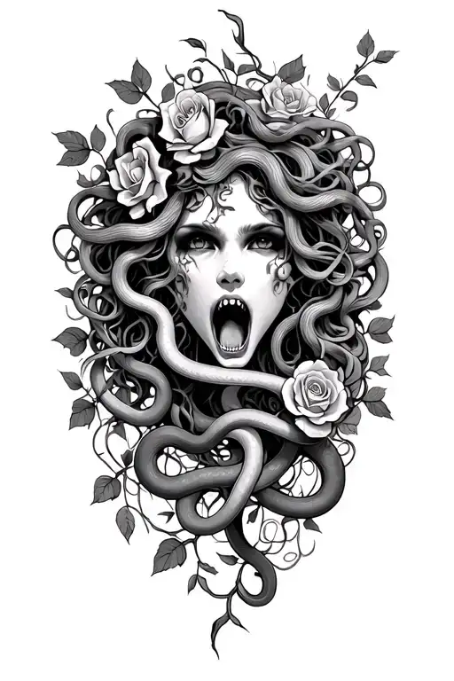 medusa with roses and vines all around and the snakes woven with the vines and the roses. I want her face pretty scream tattoo design idea