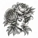 peony flowers growing, women face, shell  tattoo design idea