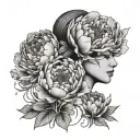 peony flowers growing, women face, shell  tattoo design idea