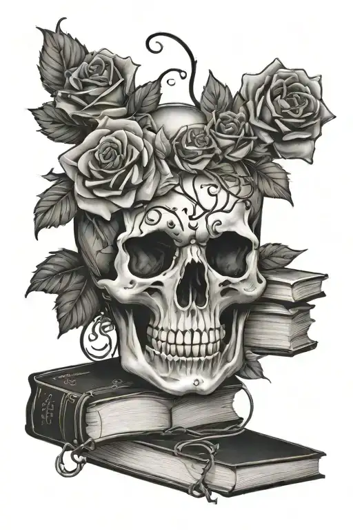 books w skull on top surrounded by roses and vines tattoo design idea