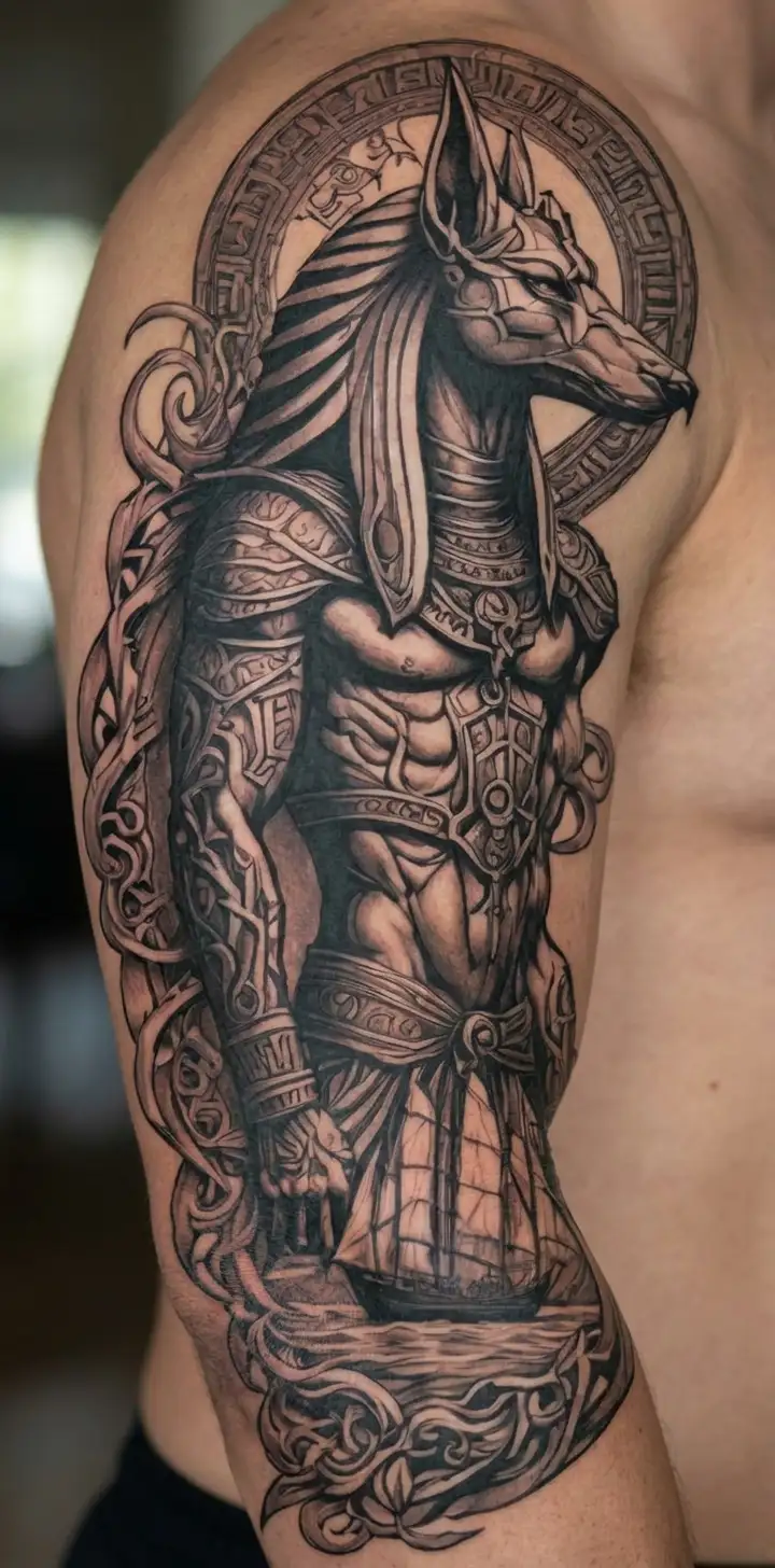 A fusion of Egyptian and Viking symbolism, featuring Anubis and a Viking ship sailing on the Nile River tattoo design idea