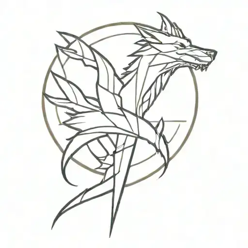 line art dagger, line art dragon, line art wolf tattoo design idea