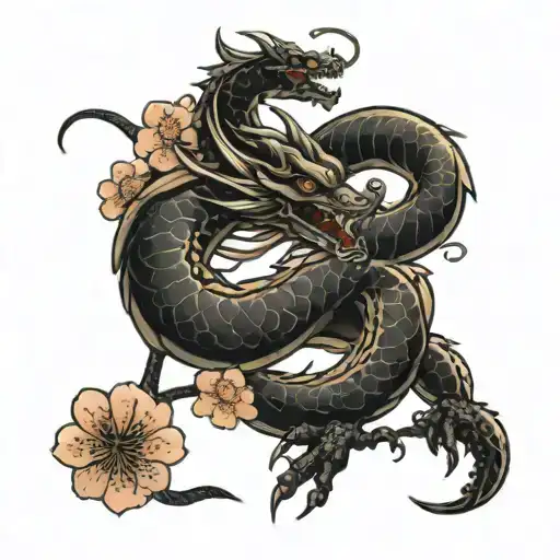 dragon wrapped around a cherry blossom tree  tattoo design idea