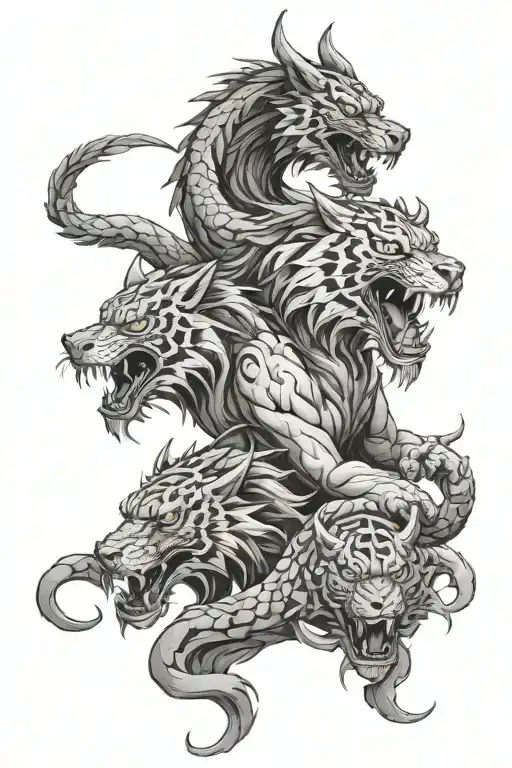 Dragons + wolves + tiger in conjunction tattoo design idea