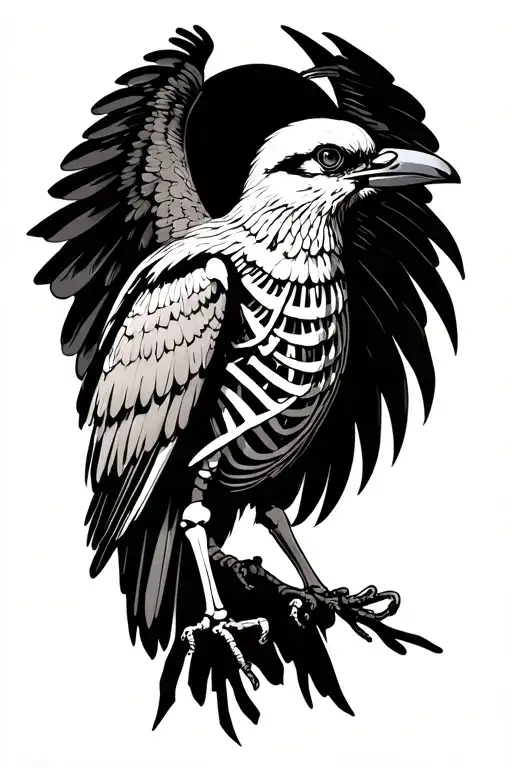 a bird with i ts skeleton showing and wing spanning up above the elbow, similar to rust cohle in true detective tattoo design idea