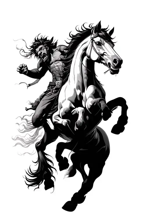 two angry horse jumping with sun wukong upper body tattoo design idea