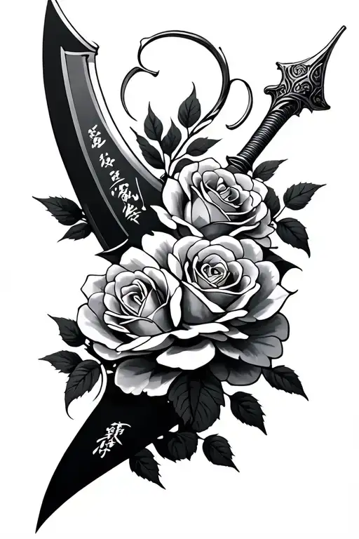 Chinese Blade and Roses tangled simbolizing war and fragility  tattoo design idea