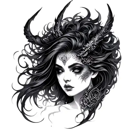 siren evil beautiful face full body tattoo design idea