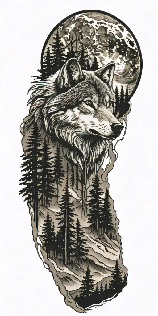 wolf and  mountains and trees tattoo design idea