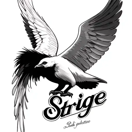 Draw a tattoo design of a swift bird facing forward with its wings fully spread.Under the wings, there is text: “Strige tattoo design idea