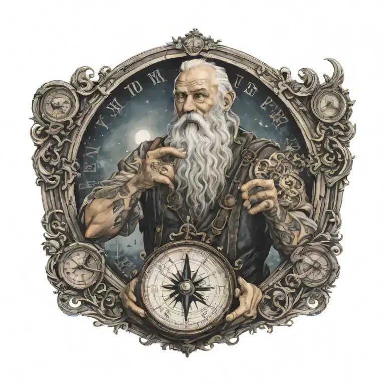 Father Time with tattoos on his arms, holding nautical compass, semi colon unr his wearing eye, start night background  tattoo design idea