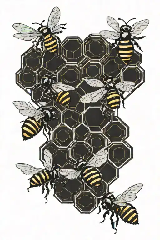 4 bees flying  empty honey comb  tattoo design idea