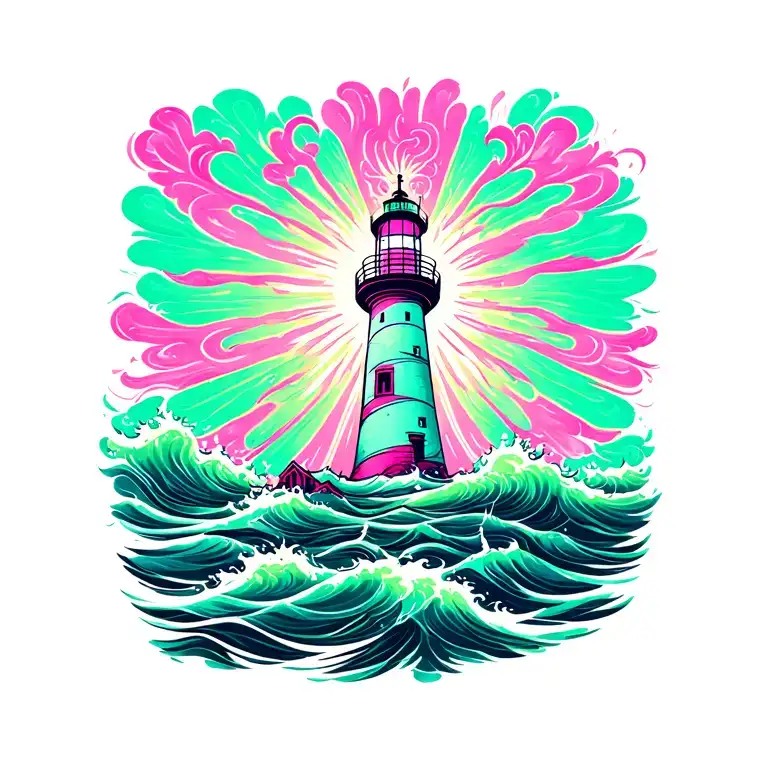 lighthouse emitting psychedelic pink and green light which flows as paisley patterns downwards to sea.  tattoo design idea