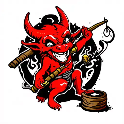 traditional little red devil with fishing rod tattoo design idea