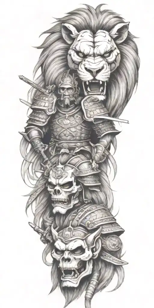 Skull Lion And Samurai warrior tattoo design idea