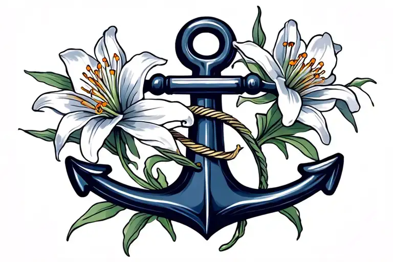 navy anchor with tiger lily flowers tattoo design idea