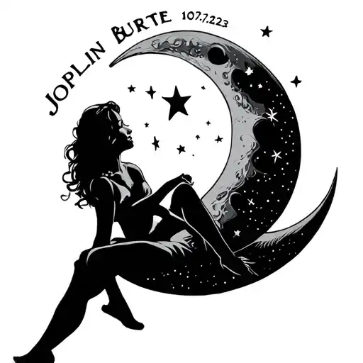 women sitting on cresent moon looking up at 4 stars- one big and three small. with the words Joplin Burtie 10/21/23 unde tattoo design idea