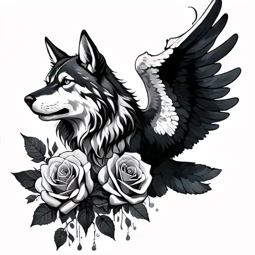 roses wolf angel falling tattoo design idea